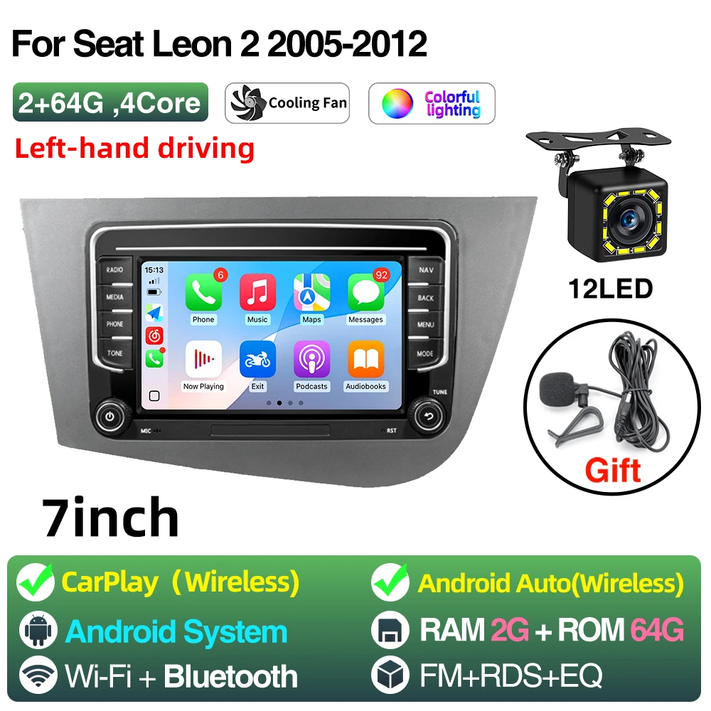 2Din Android 13 LHD Autoradio voor Seat Leon 2 MK2 2005-2012 Multimedia Speler Stereo draadloze Carplay GPS RDS 4G Head Unit