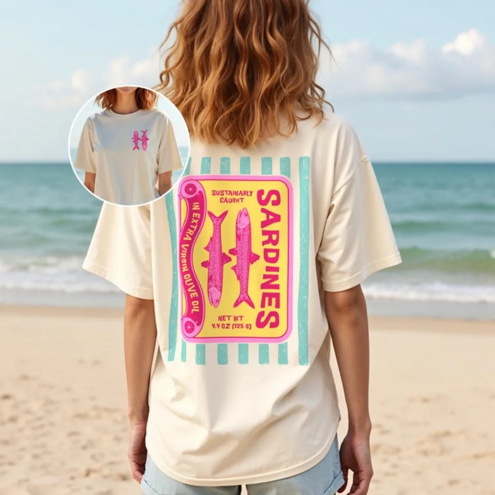 面白いイワシ両面グラフィックコットン Tシャツビーチ漁師ユニセックスシャツ沿岸海上ヴィンテージ Y2K 夏美的トップス
