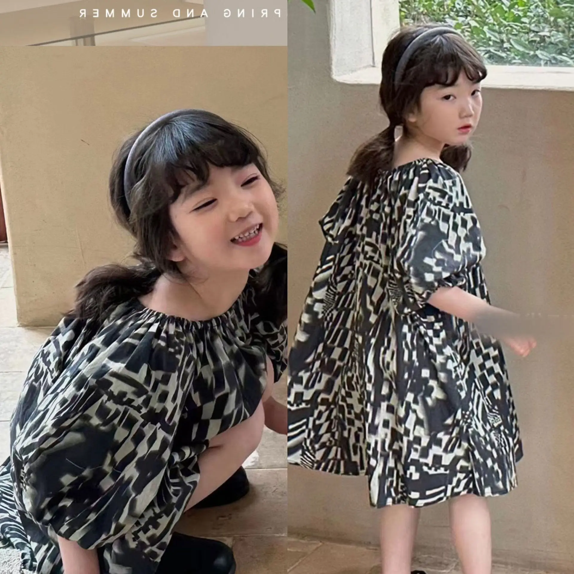 Girls\' Summer Dress New Korean Version Fashionable And Personalized Graffiti Full Print Loose Princess Dress Children Clothing