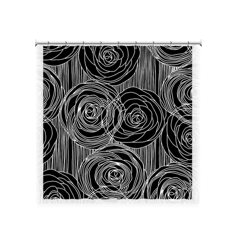 Black and White Rose Line Art Shower Curtain, Modern Abstract Floral Bathroom Decor Gothic Minimalist, Custom Size Waterproof