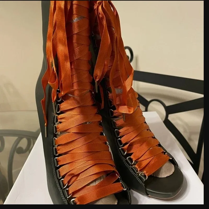 Black Cross Lace Up Hollow Sandals Peep Toe Thin High Heel Fashionable Sexy 2024 Summer Big Size Woman Shoes Zapatillas Mujer