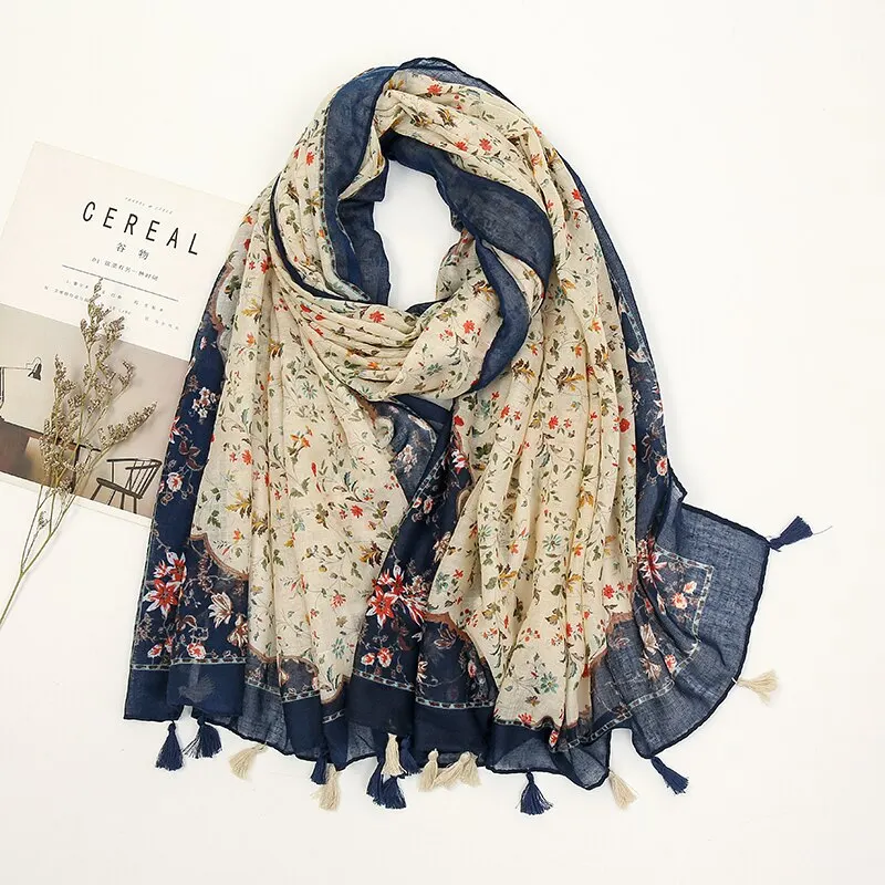 Printed Floral Cotton Tassel Scarf Viscose Shawls For Woman Summer Beach Long Muffler Fashion Muslim Headband 185*90cm