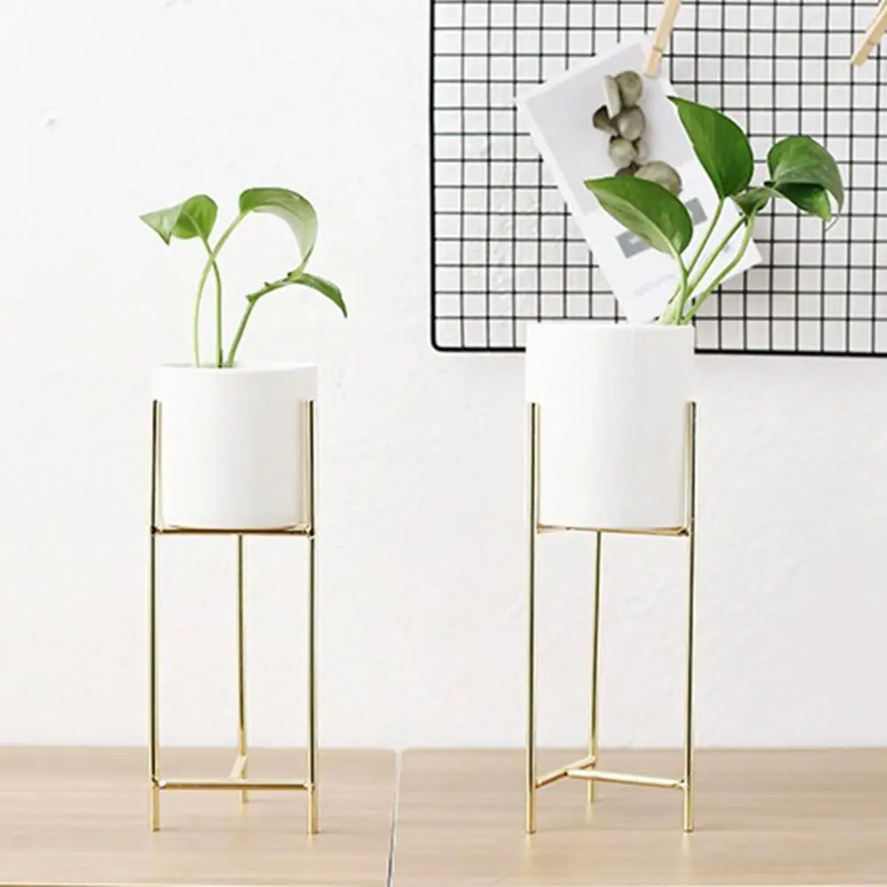 Minimalist Design Plant Pot Elegant Ceramic Flower Pot Set with Stylish Iron Frame Stand for Home Office Room for Indoor