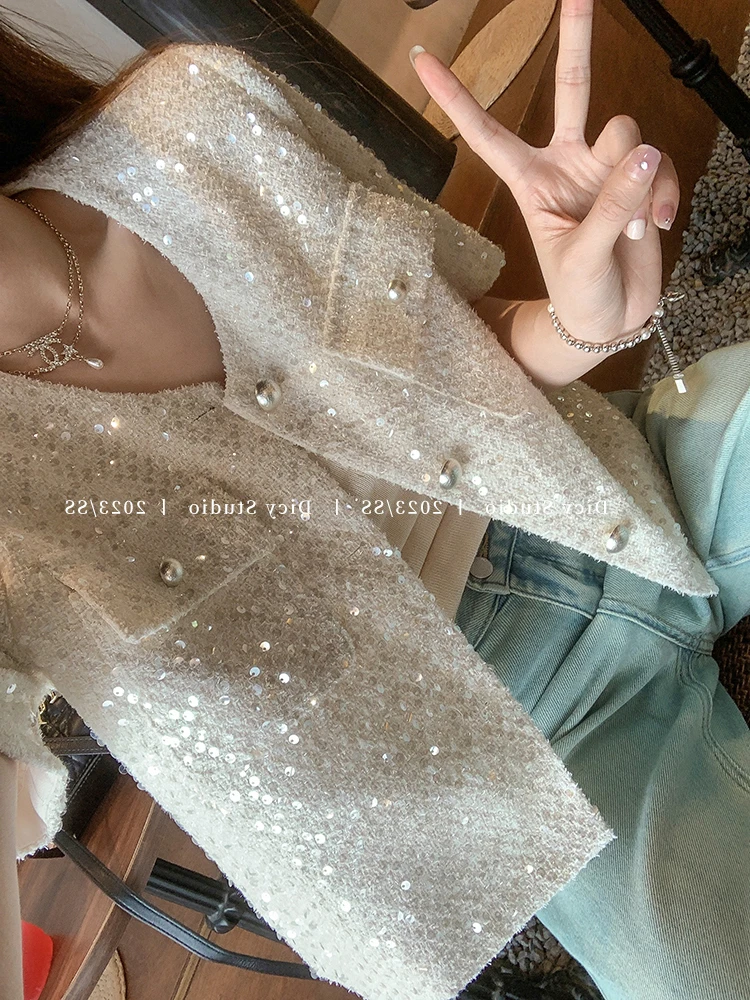 Dames elegant glanzend lovertjes tweed jasje met korte mouwen dame zomer streetwear o hals enkele rij zakken losse uitloper