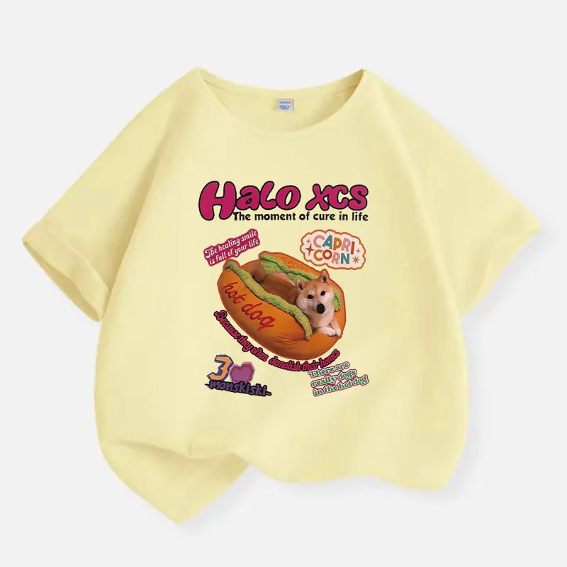 Burger Dog Graphic Print Baby Boys T-shirt Cotton Yellow Tops Tee 2025 Summer Funny Casual Kids T Shirt Teen 6 8 10 12 Years