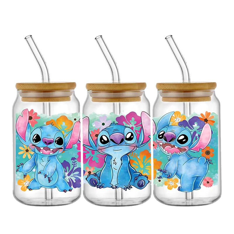 Stitch And Lilo UV DTF Cup Wrap 16oz Libbey Glass Can DIY Sticker Selfadhesive Washable Transfer Stickers Durable Glass Decals