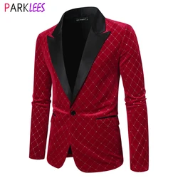 Mens Stylish Angular Pattern Red Velvet Dress Blazer One Button Peak Collar Velour Tuxedo Suit Jacket Dinner Party Costume Homme