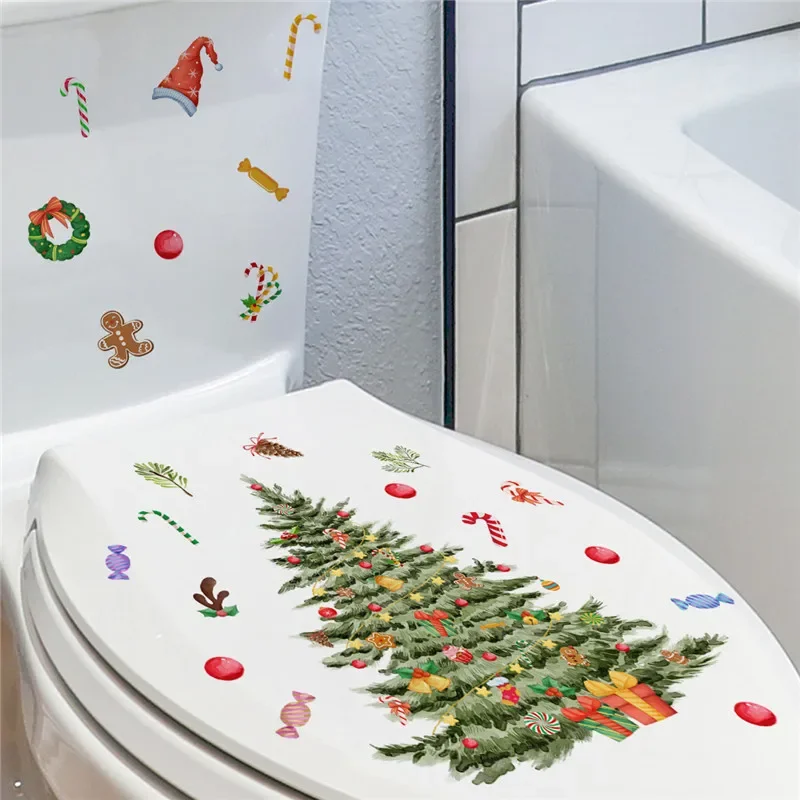 Christmas Tree Gift Bell Wall Stickers Christmas Bathroom Toilet Decoration Mural Room Festival Home Decor Self-adhesive Decals