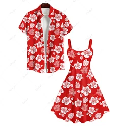 Plus Size Matching Hawaii Beach Outfit For Couples Flower Coconut Leaves Printed Cinched Dress and Buttons Pocket Shirt