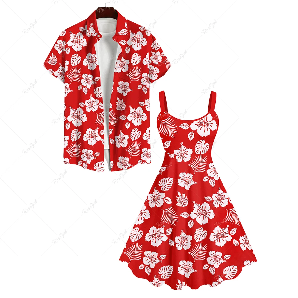 Zestaw dla par, męska koszula lub sukienka typu tank dress o kroju rozkloszowanym do kolan, pasujące do siebie ubrania z nadrukiem hawajskich kwiatów i liści kokosowych.