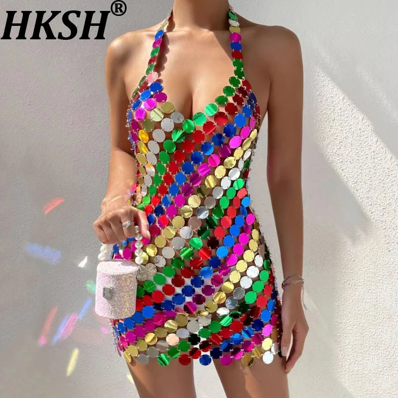 

Новое летнее женское короткое платье HKSH с пайетками, вырезами, халтером, открытой спиной, облегающее, модное, стильное, на бретельках HK22247