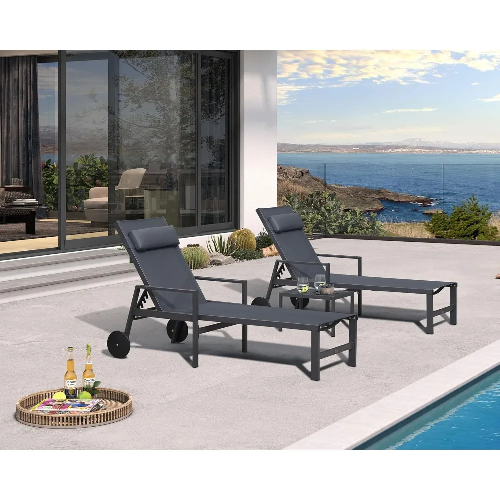 

Lounge Chair Set of 3 Outdoor Chaise Lounger Aluminum Frame w/Armrest Side Table and Wheels for Pool Recliner Including Pillows