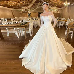 Elegant A Line Women's Wedding Dresses Lace Appliques Long Sleeve Robe De Mariée Satin Customized Off The Shoulder Bride Gowns