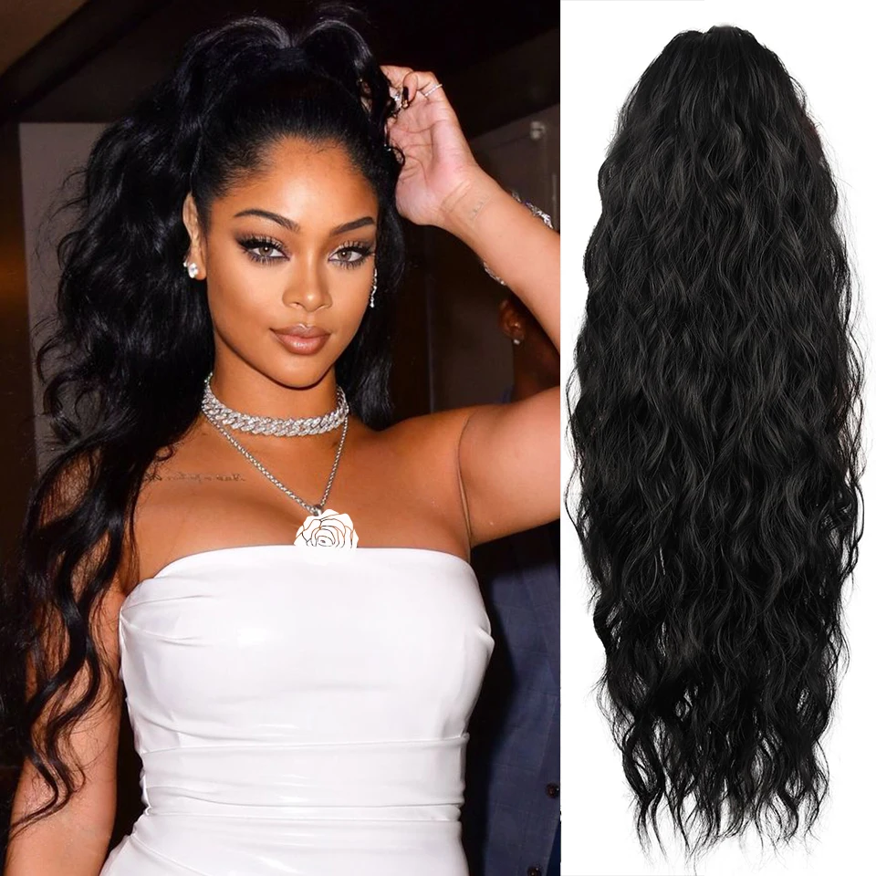 DLong Water Wave Drawstring Ponytail Hair Extension High Ponytail Natural Wavy Synthetic Hairpiece Suitable for Daily Wear