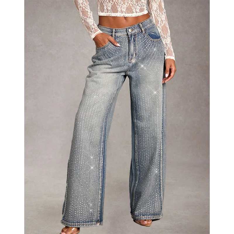 Lady Rhinestone Embellished Designer High Waist Jeans Pants Female Thin Straight Leg Denim Pants Girls Korean Loose Fit Trousers