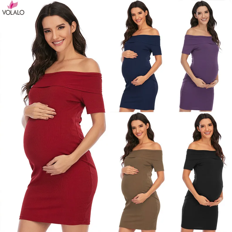 VOLALO Spring Autumn Winter Dresses Pregnant Women Long Sleeve Bodycon Casual Sweater Dress Mother Home Clothes Maternity Dress