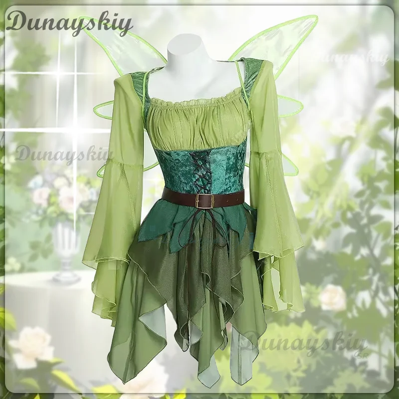 

Medieval Green Magic Elf Cosplay Dress With Wings Women Girls Halloween Role-Playing Carnival Suit