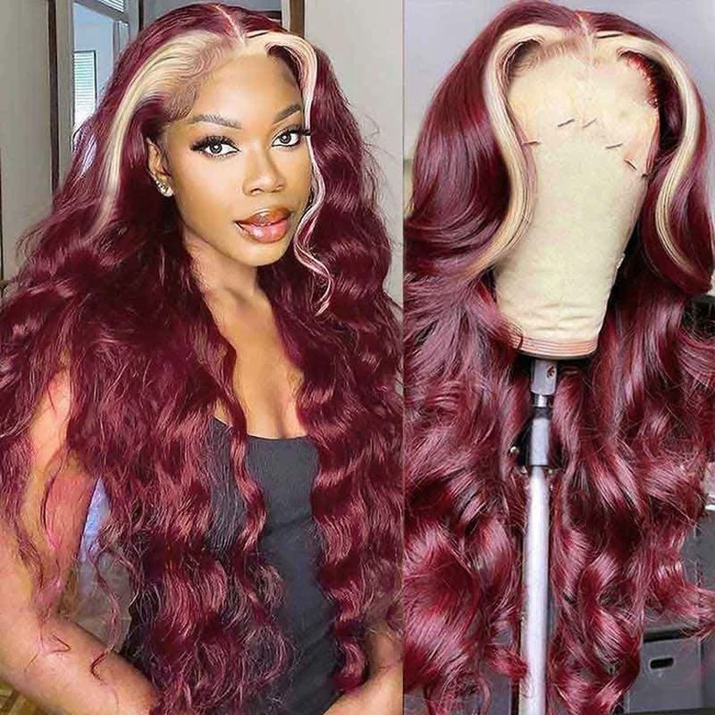 Long Wave Burgundy Blonde Lace Front Brazilian 100%  Hair Wig Glueless Wig
