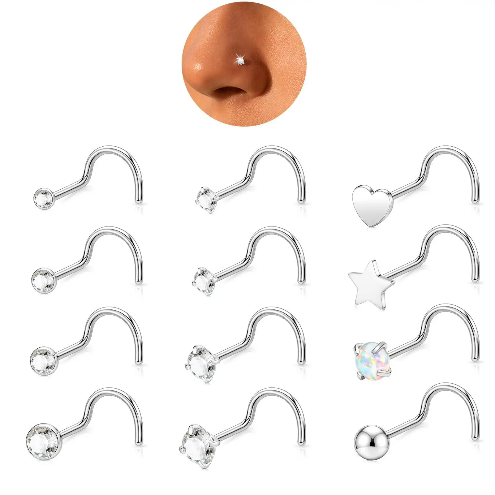 12pcs 20G Nose Rings Studs Corkscrew Piercing Jewelry Small Tiny CZ Screw Nose Stud Heart Star Opal Nose Ring for Women Men