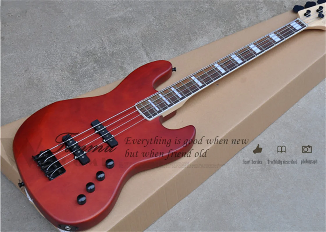 Matte Red Brown Bass Guitar 4 Strings Bass Jaz Bass Mahogany Body Maple Neck Rosewood Fingerboard Strings Though Body