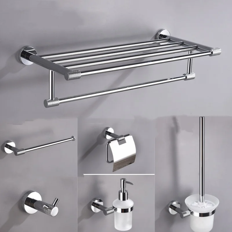 Glänzend Verchromter Edelstahl Wandmontierter Handtuchhalter Toilettenpapierhalter Bademantel-Haken Seifenschale Toilettenbürsten-Set