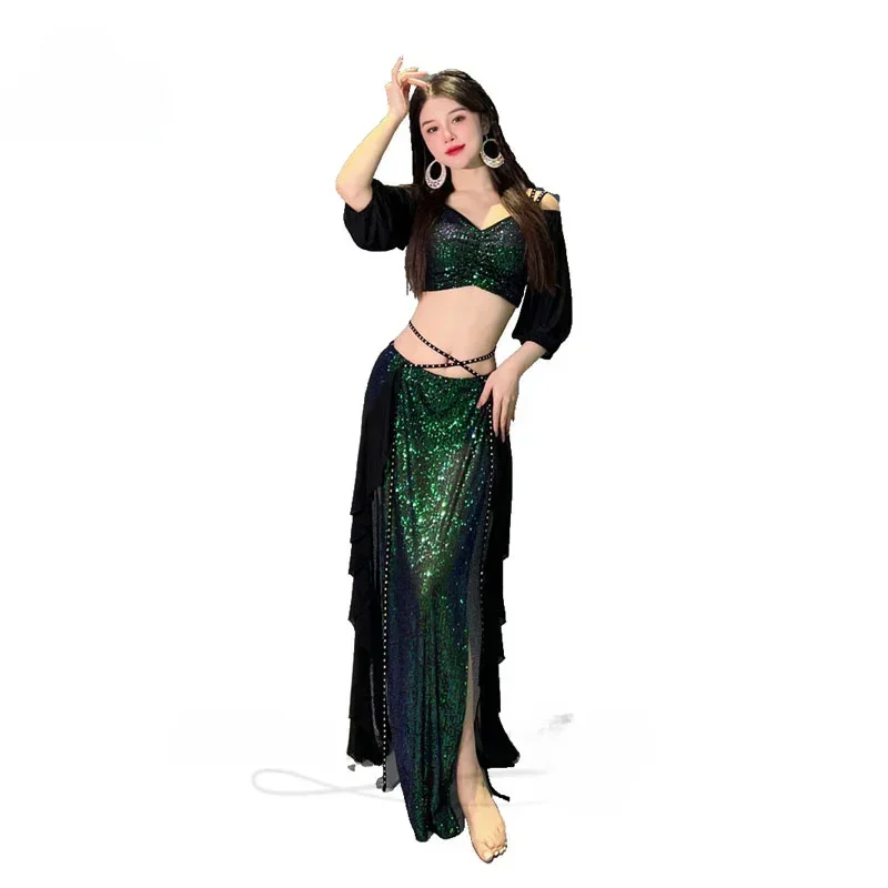 Top+split Long Skirt 2pcs Oriental Professional Set Belly Dancing Wear Outfit Belly Dance Costume Set for Women Short Sleeves