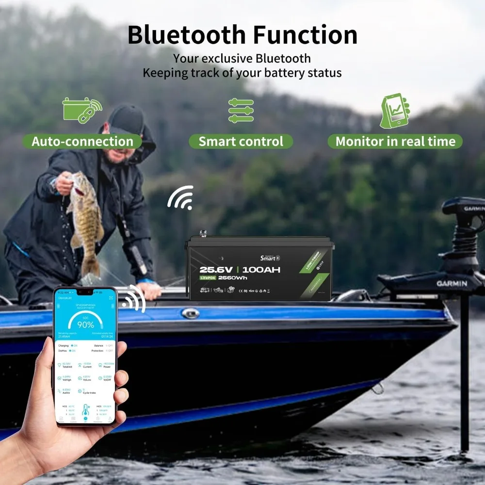 24V 100Ah LiFePO4 Lithium Battery with Bluetooth for Marine, Trolling Motor, RV,10 Years 15000+ Deep Cycles,25.6V Iron Phosphate