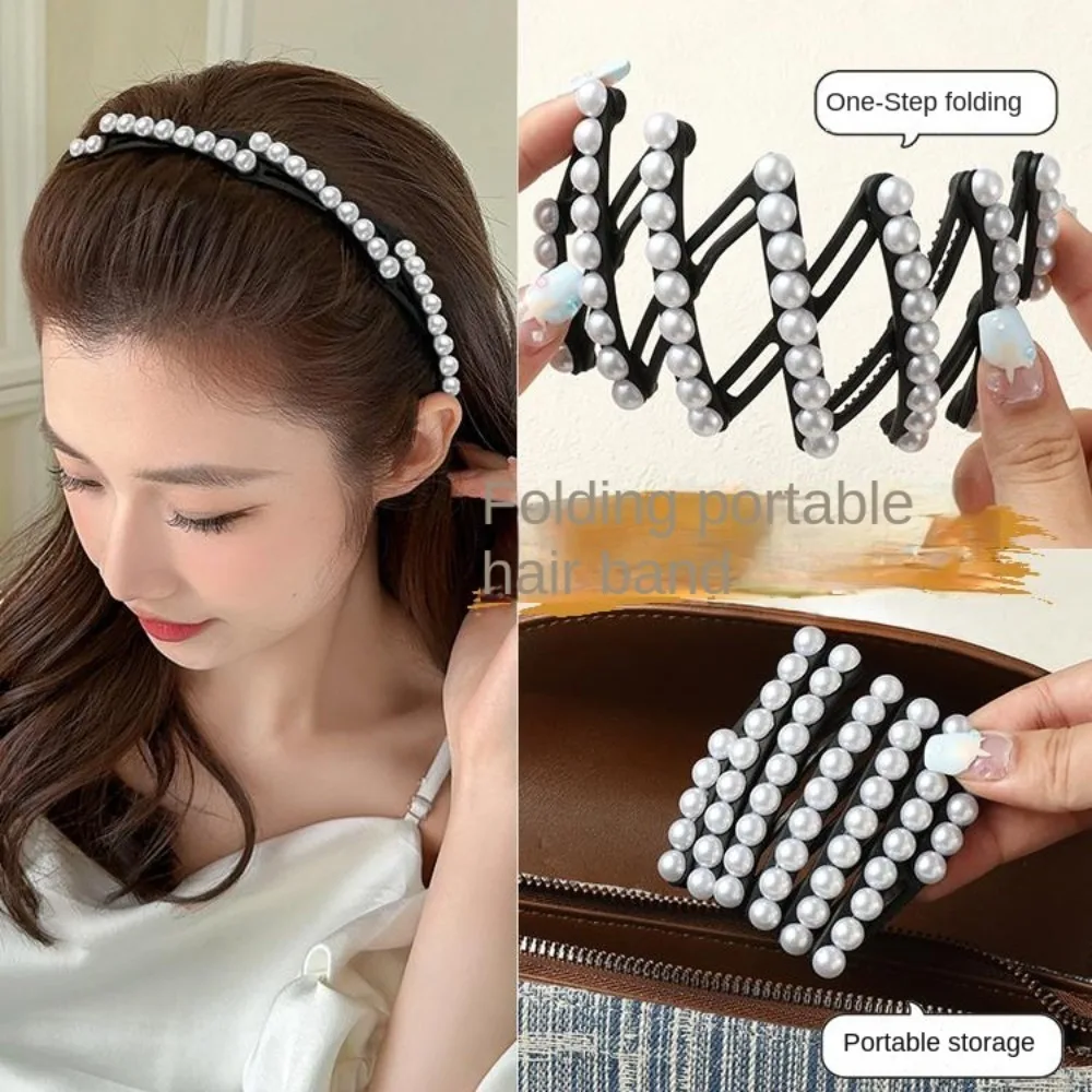 All-matched Forsted Foldable Pearl Headband Plastic Waterproof Retractable Hair Hoop Korean Style Black Portable Hair Band Girls