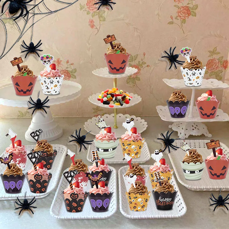 24/32 Pieces Halloween Cupcake Wrappers Pumpkin Spiderweb Bat Toppers Cupcake Kit for Halloween Party Cake Decoration Baking Cup