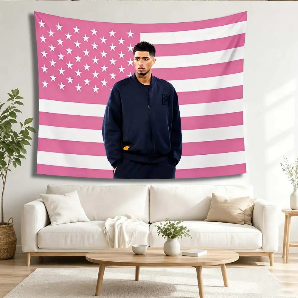 Jude Bellingham Themed Wall Tapestry, US Flag Background Hanging Decor for Football Fans Collectible Gift