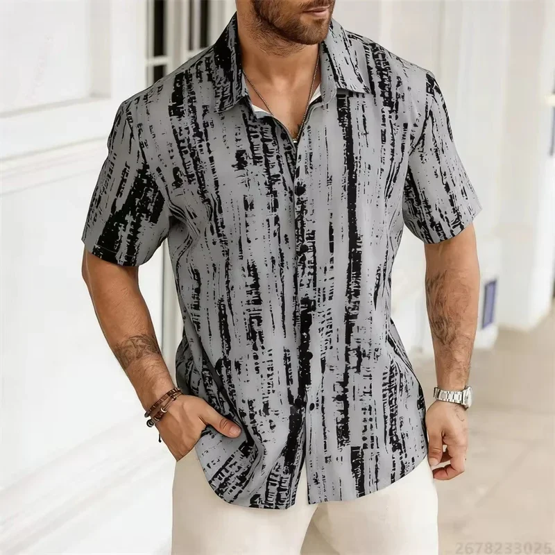 Men Short Sleeve Shirt Blue Vertical Texture Print Casual Summer Vacation Holiday Daily Leisure Street Trendy Mens Clothing