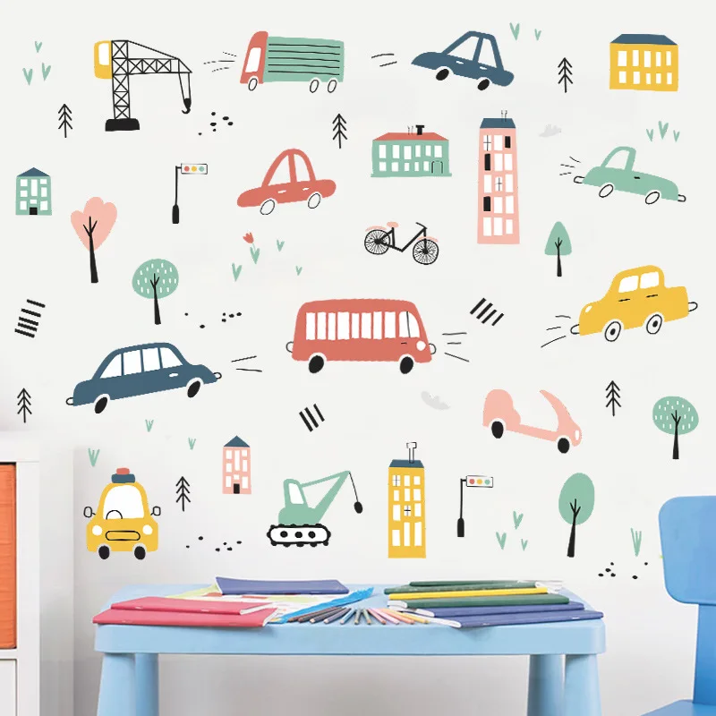 Cartoon Small Town PVC Kids Wall Stickers Self-adhesive Wall Decor Decals Home Decor Wallpapers for Children Baby room Nursery