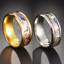 8mm Titanium Steel Fashion Men Rings Inlaid Abalone Shell Wedding Band Men Jewelry For Women Unisex Accessories Best Gift