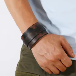 Leather Bracelet For Men Brown Retro-Colored Cowhide Wristband, Double-Breasted Button Jewelry, Polished Geometric Jewelry