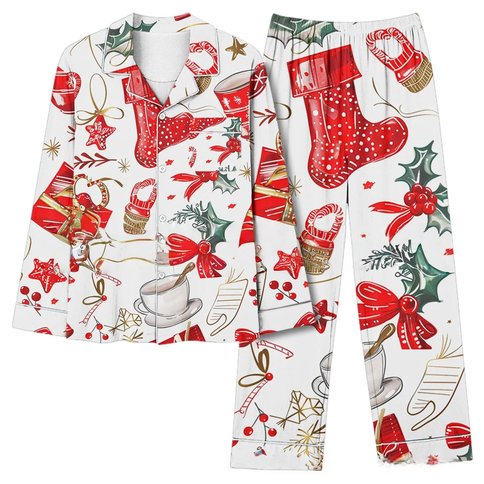 

Милый женский пижамный комплект с рождественской шляпой и бантом — мягкая фланелевая одежда с длинными рукавами и брюками, уютная одежда для дома, праздничная одежда для сна