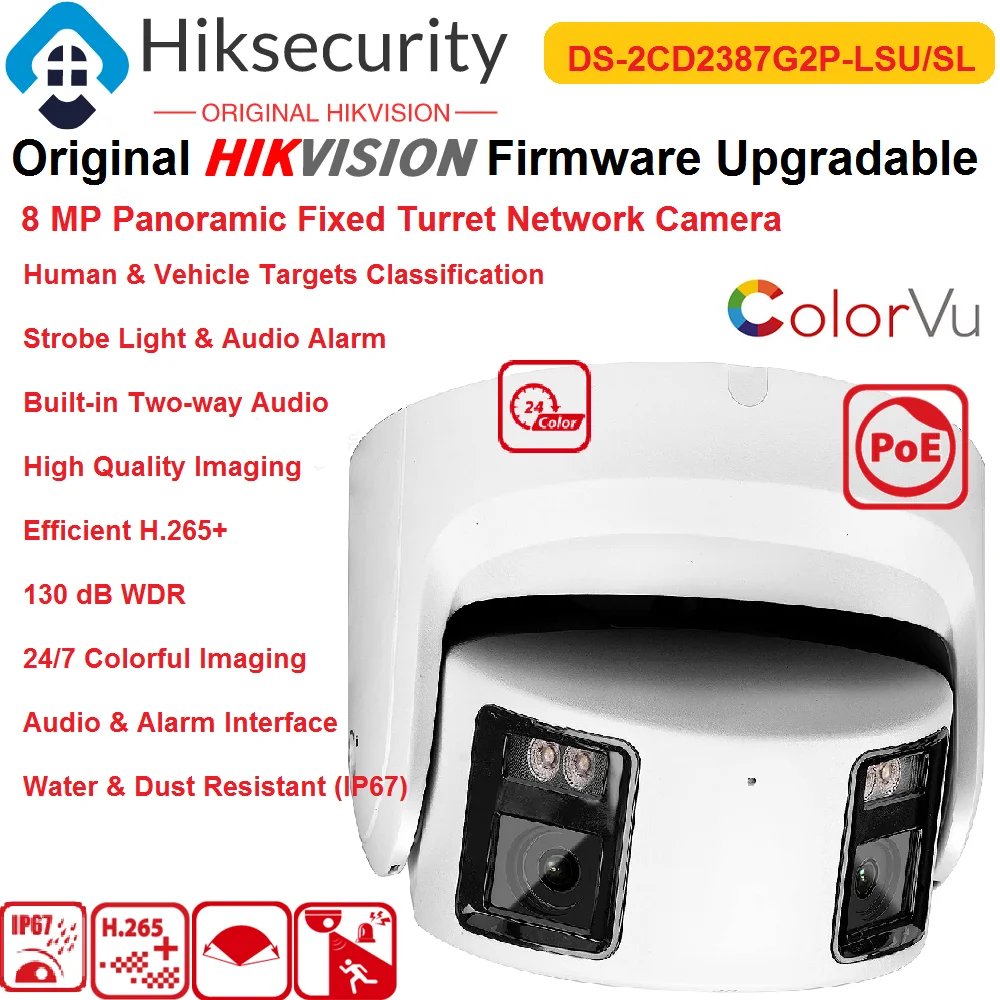 

Hikvision IP Camera DS-2CD2387G2P-LSU/SL 8MP Panoramic ColorVu Fixed Turret Cam Stroble Light&Audio Alarm Newly Full Colorful