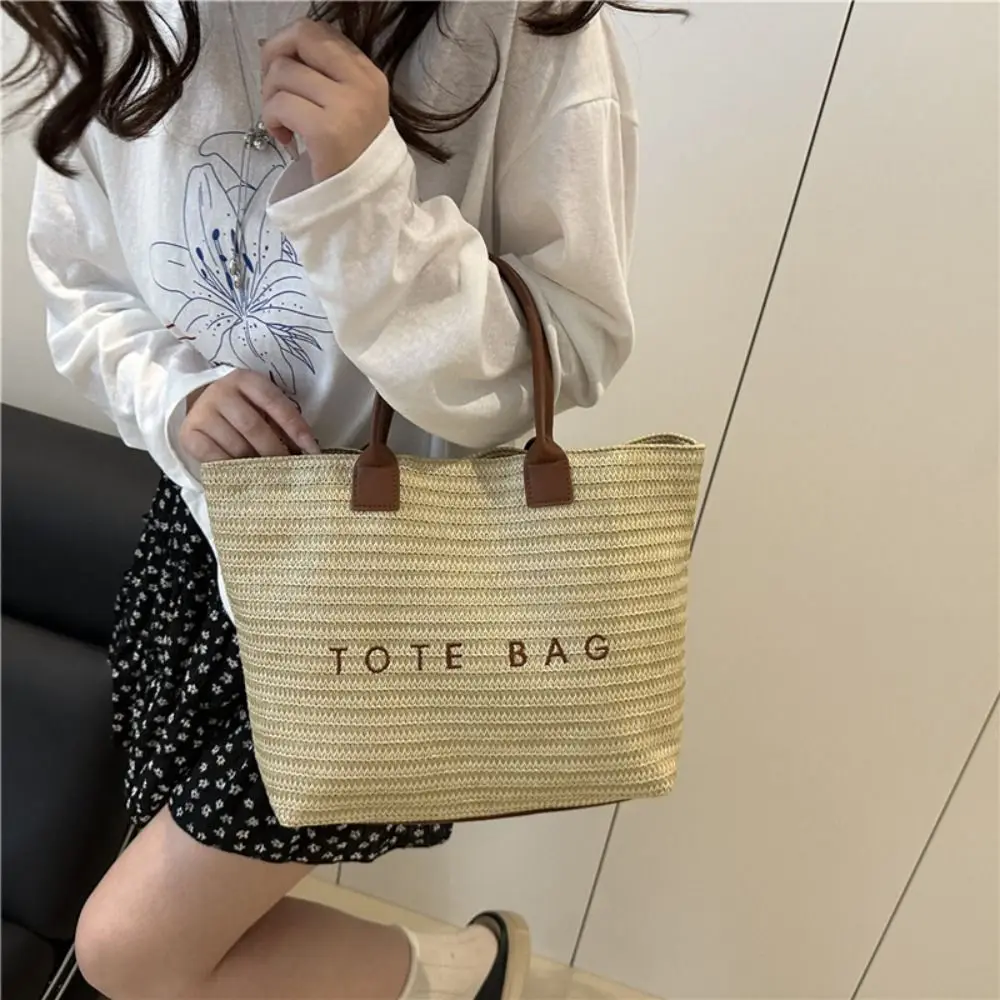 

Простая пляжная сумка, соломенная тканая сумка, большая вместительная сумка-ведро, богемная пляжная сумка, сумка через плечо с буквенным принтом для девочек