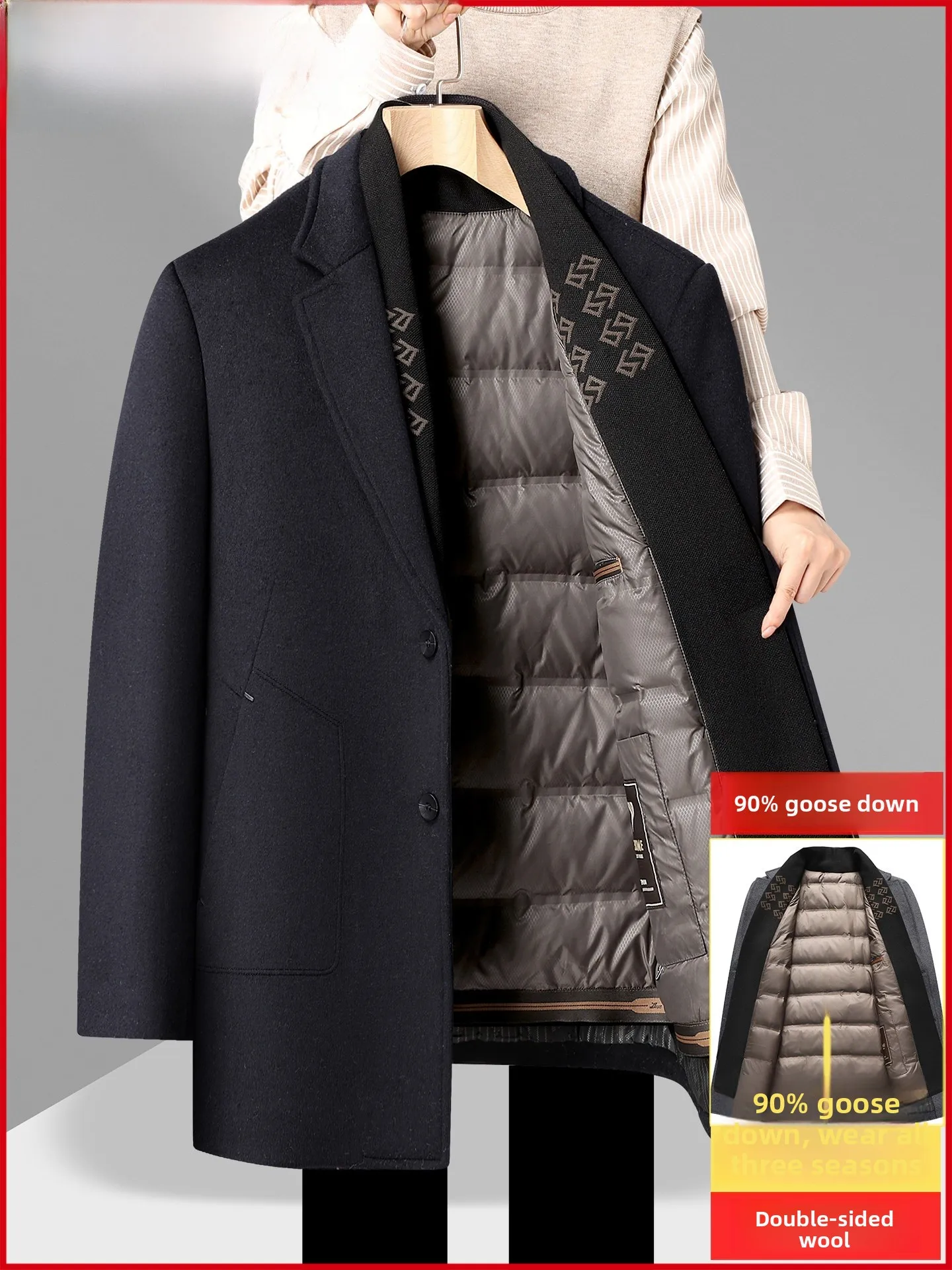 

Pierre Cardin Men's Winter Woolen Suit down Jaet Double-Sided Medium-Length ly Faion Ci Casual Busin Sle