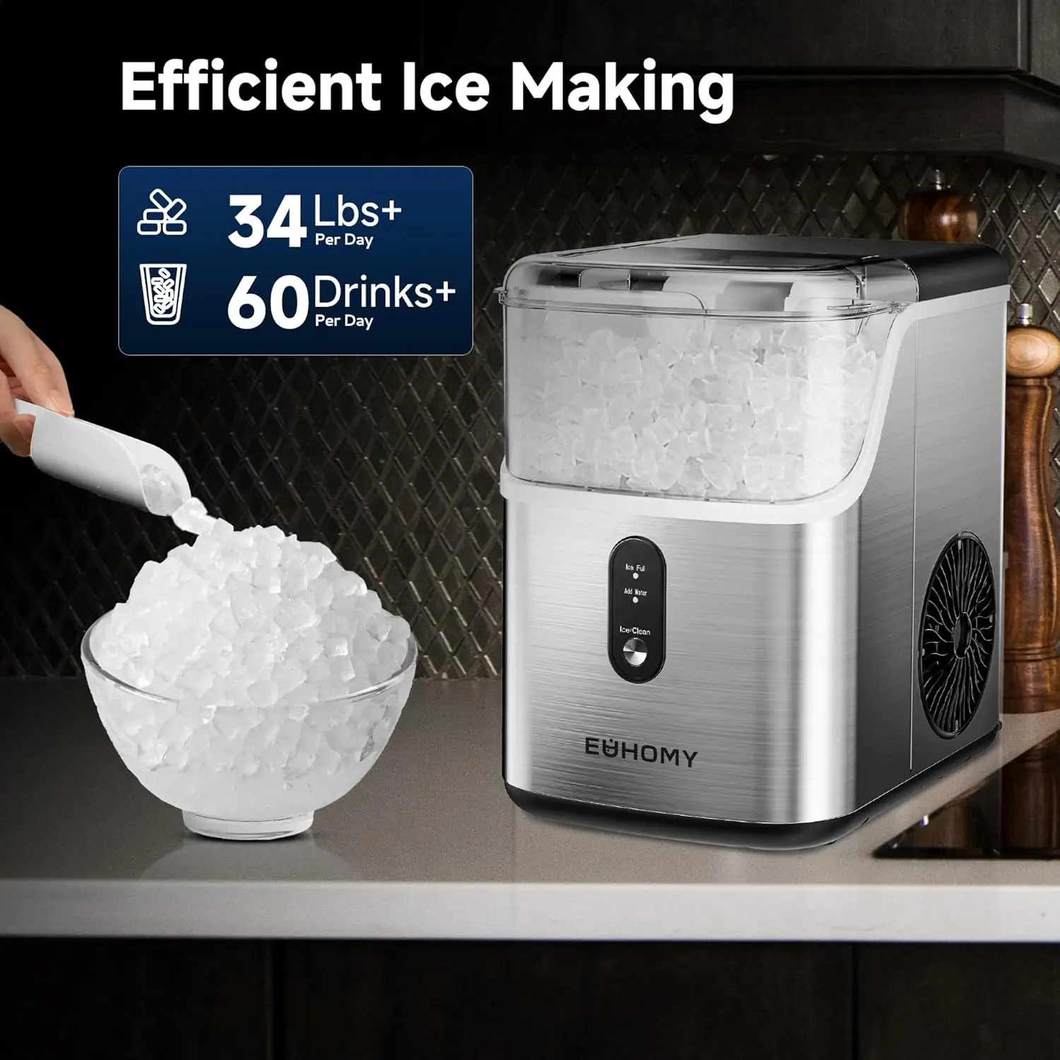 Nugget Ice Makers Countertop, Pebble Ice Maker Machine with 34lbs/24H Soft Ice, Self-Cleaning Sonic Maker with Ice Scoop