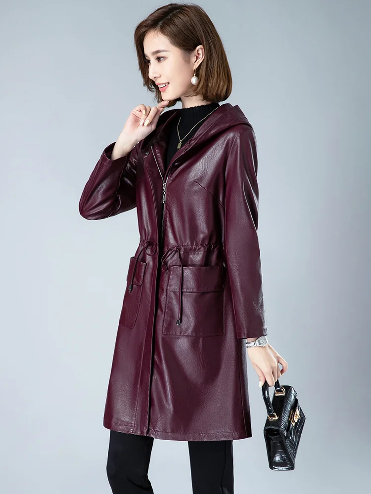 Mantel Neue Frauen Schaffell Frühling Herbst 2023 Casual Fashion Solid Farbe Hooded Zipper Kordelzug Schlanke Schafe Leder Graben Mantel