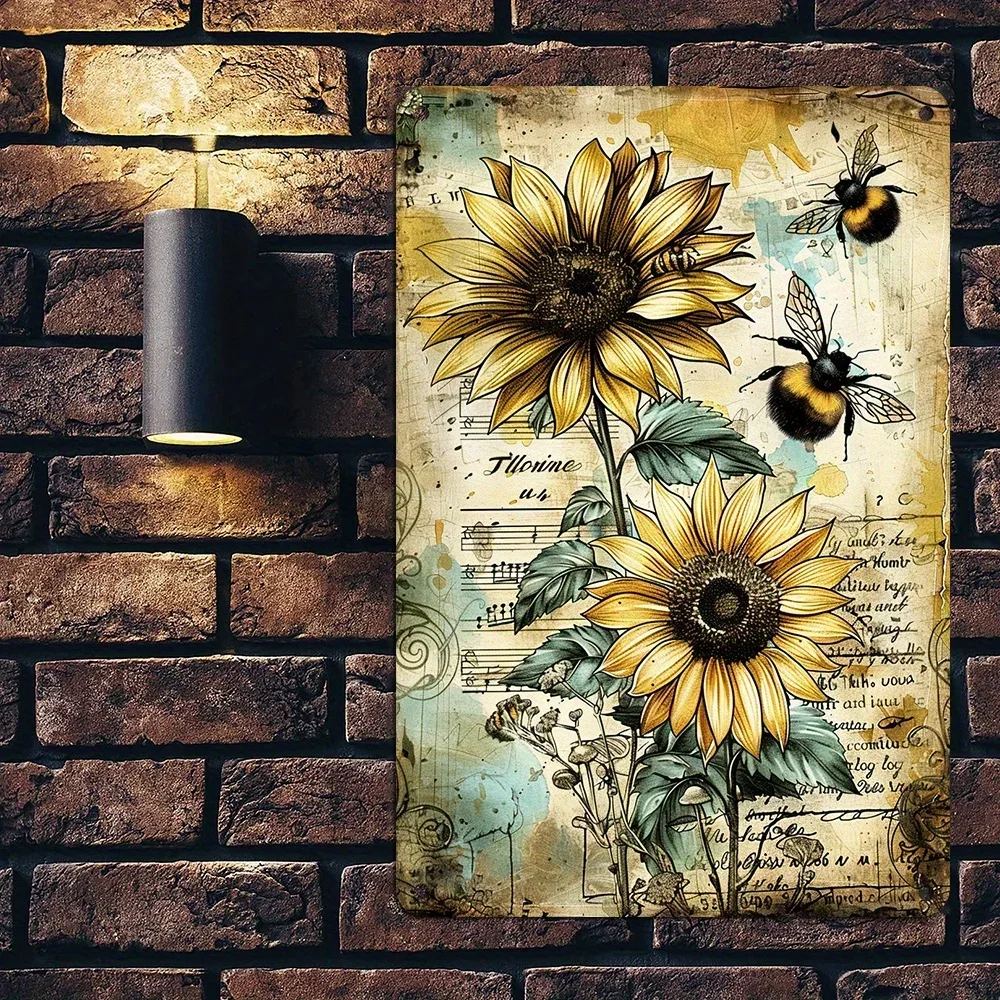 1PC Vintage Sunflowers and Bees Metal Wall Art Size 8x12 Inches Iron Construction Rustic Indoor Outdoor Decorative Signs