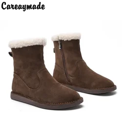Careaymade-Botas curtas de lã de fundo chato, algodão, cabeça redonda, pelúcia, quente, grossa, couro de vaca, botas de neve, novo