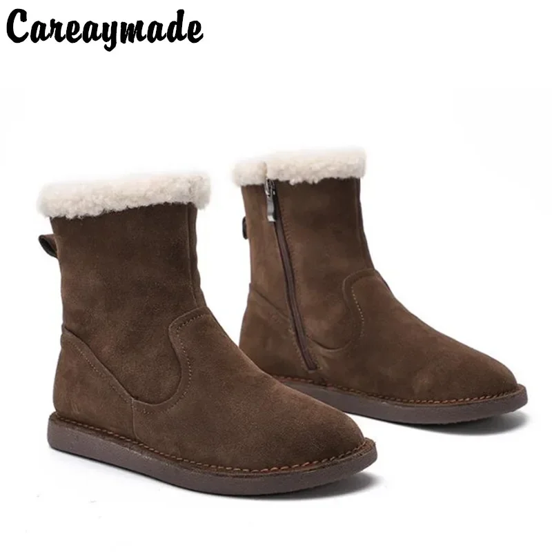 Careaymade-Genuine cow leather Snow cotton round head flats woolen short boots plush warm snow boots Oversized shoes size 35-43