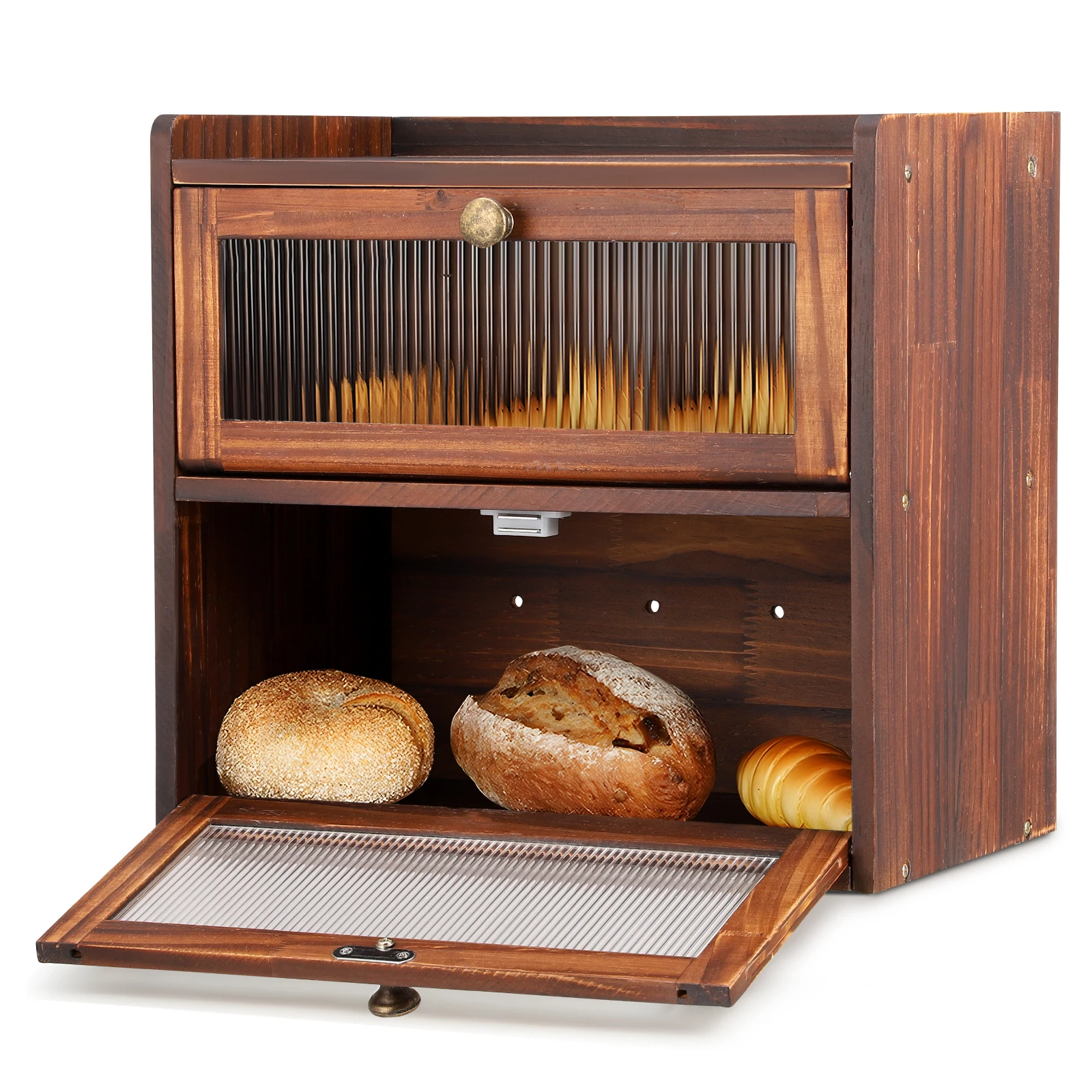 Caja de pan para encimera de cocina, contenedor de almacenamiento de pan de madera, contenedor de 2 capas de gran capacidad, organizador de alimentos de granja Vintage