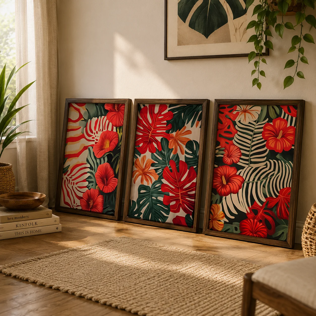 Boho Tropical Plant Wall Art, Vintage Jungle Leaves Canvas Painting, Botanical Poster Prints for Living Room Bedroom Wall Decor