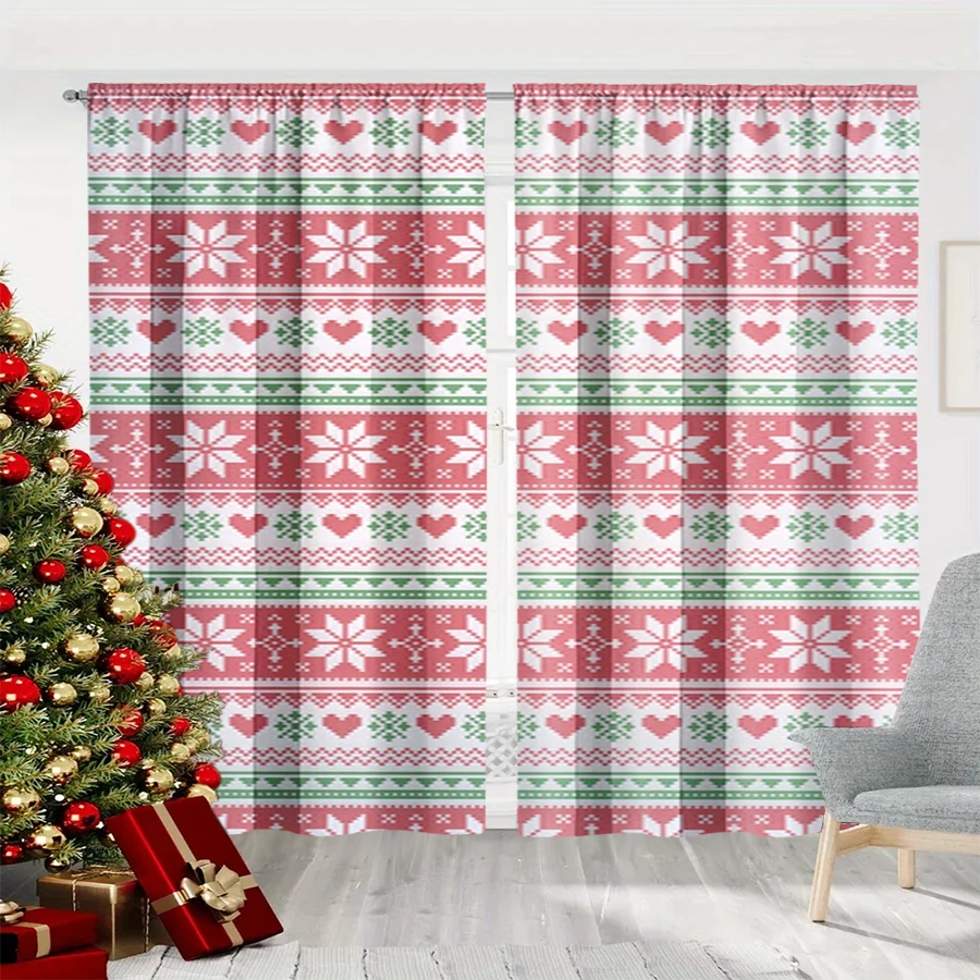 2PCS Christmas Winter Curtains, Pink Fair Isle Knit Heart Snowflake Geometric, Digital Print, Bedroom Living Room, Home Decor