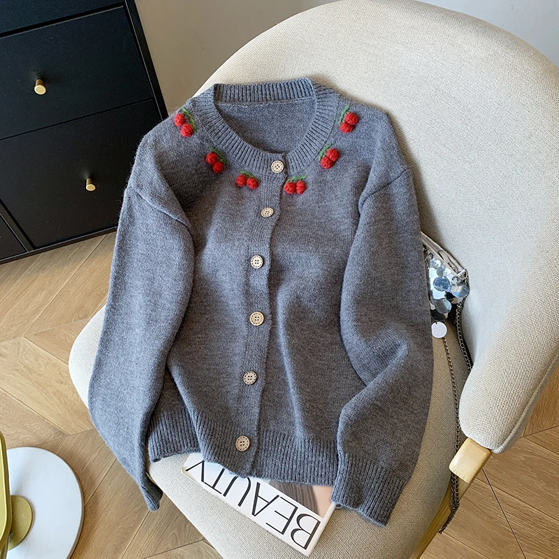 

Women's Grey Three-Dimensional Fruit Crochet Knitted Cardigan 2000s Aesthetics Korean Fashion Round-Neck Long-Sleeved Sweater