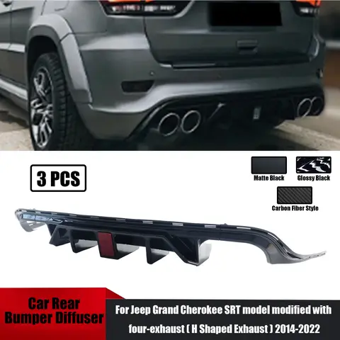 4개의 배기(직사각형 배기)로 수정된 Jeep Grand Cherokee SRT 모델용 LED가 있는 3PCS 후면 범퍼 디퓨저2014-2022