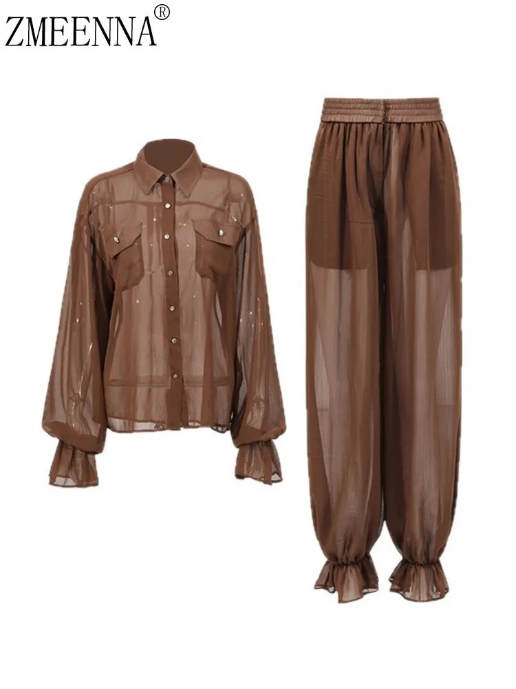 

ZMEENNA Прозрачная коричневая рубашка на пуговицах с длинными рукавами и эластичной резинкой на талии, брюки с рюшами по подолу, комплект для женщин, стильный наряд из двух предметов ZM3585