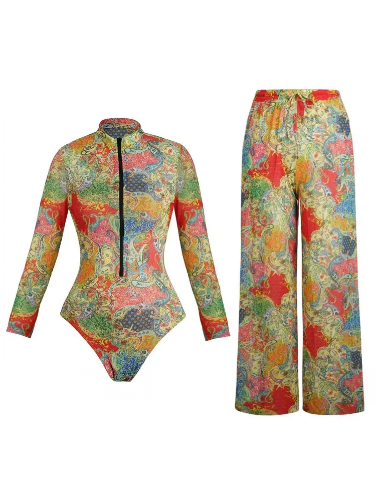 

2026 Vintage Mesh UPF50 Sheer Rash Guard One Piece Swimsuit With Pants Women Sexy Sun Protection Swimwear Beachwear Купальник